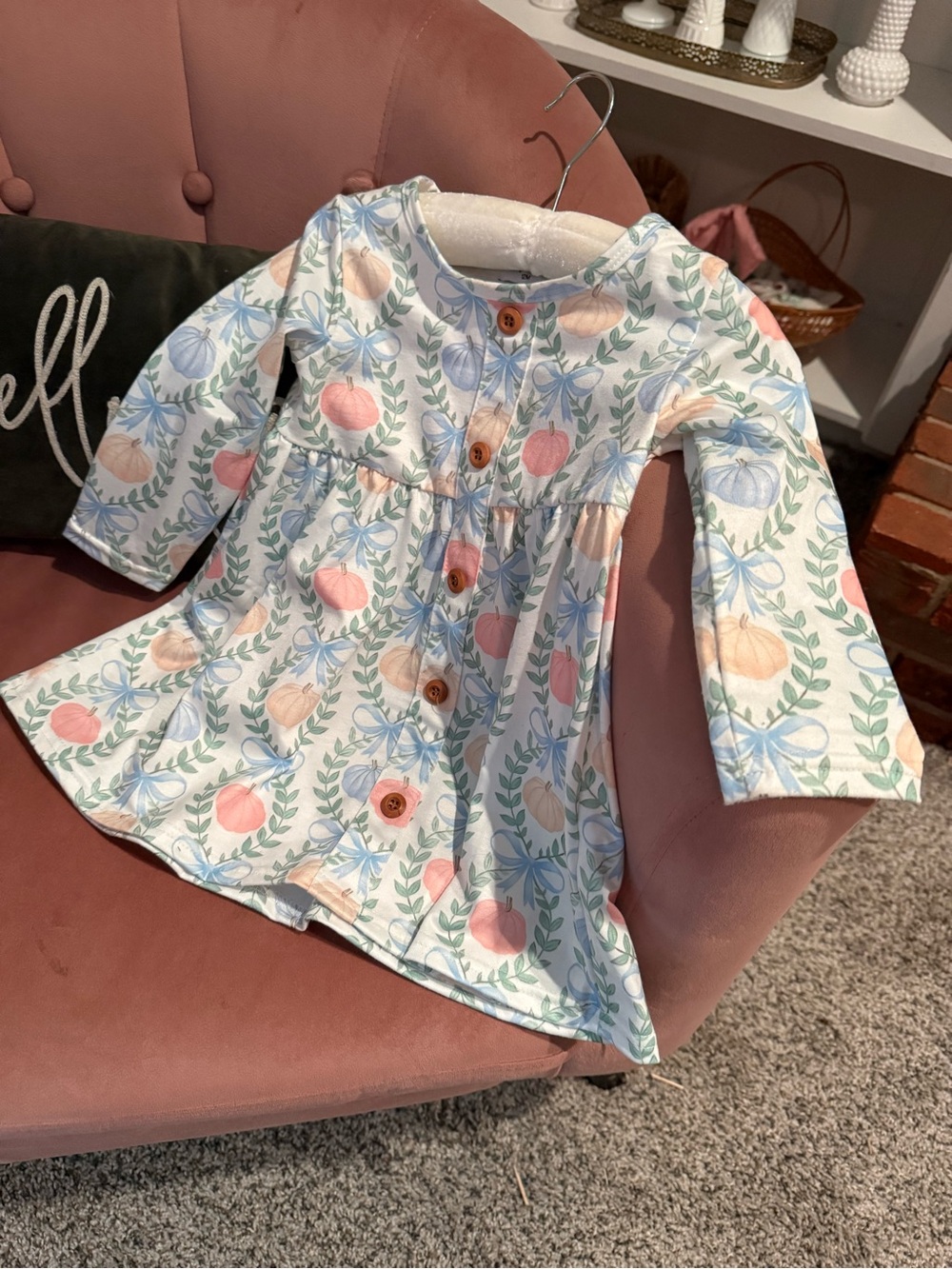 Toddler Girls Pumpkin Print Button-Front Long Sleeve Dress